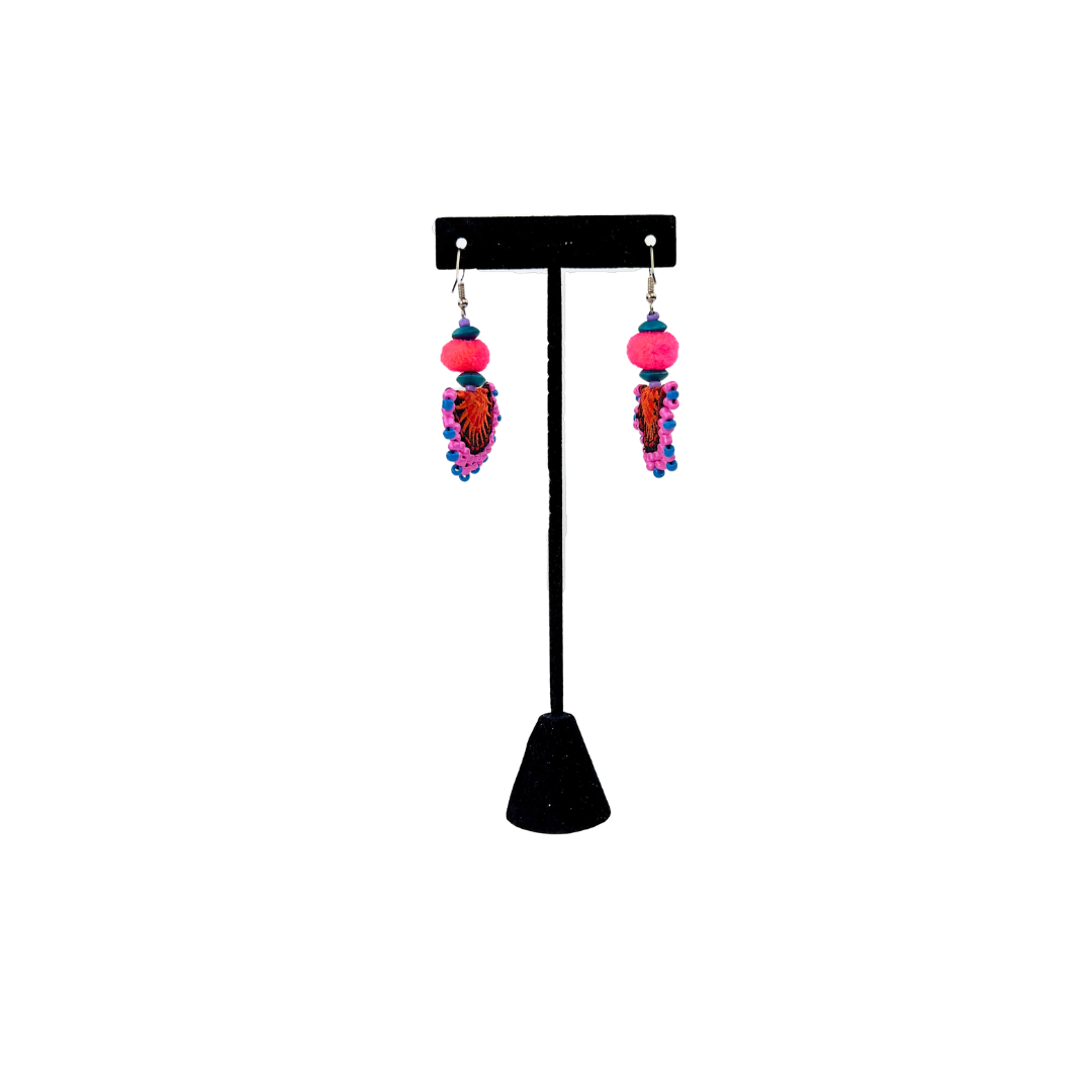 Pink Fluffly Ball with Beaded Fans Drop Earrings
