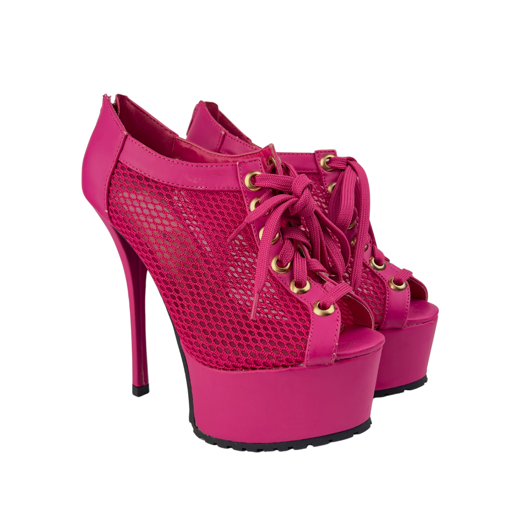 Pink Lace Up Mesh Stilettos