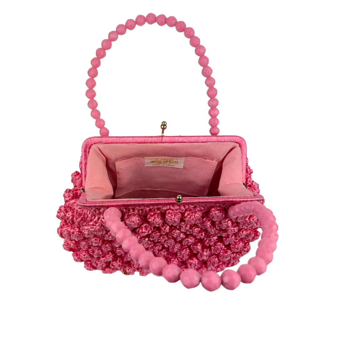 Pink Straw Handbag with Beaded Handle