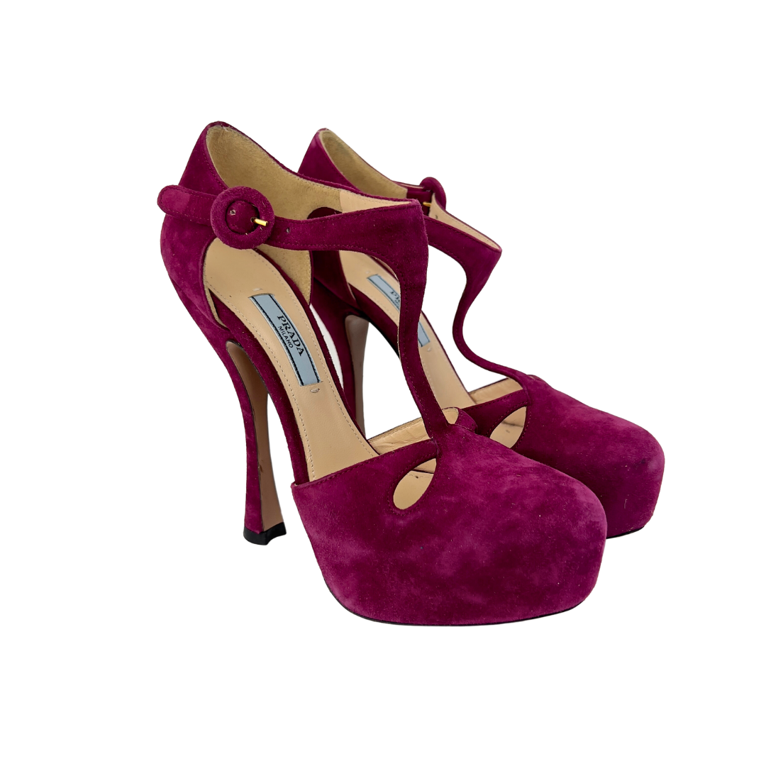 Prada Burgundy Suede Platform Ankle strap Heel