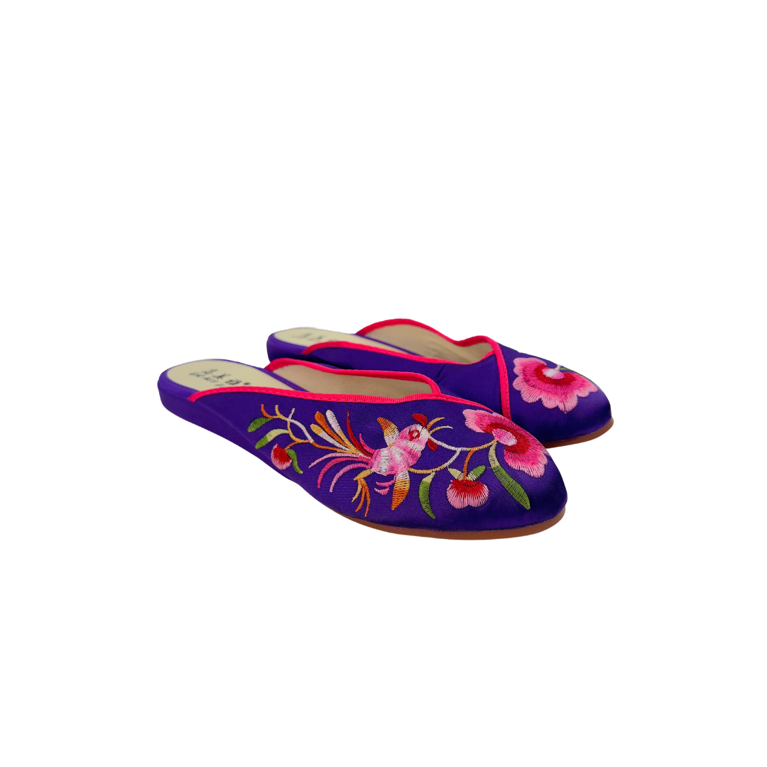 Purple Satin Slipper with Pink Trim and Embroidery
