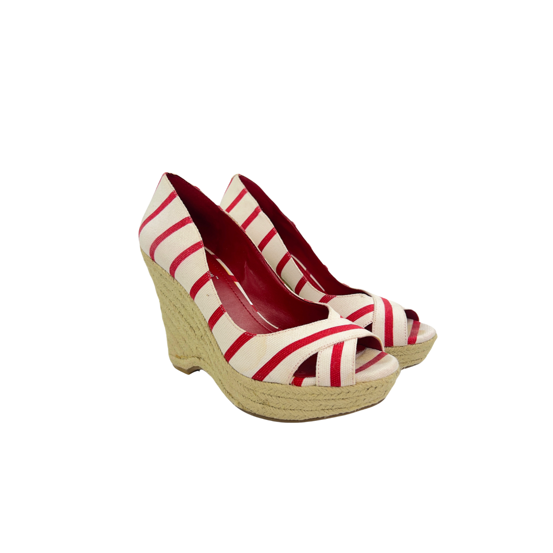 Cream and Red Stripe Espadrille Wedges
