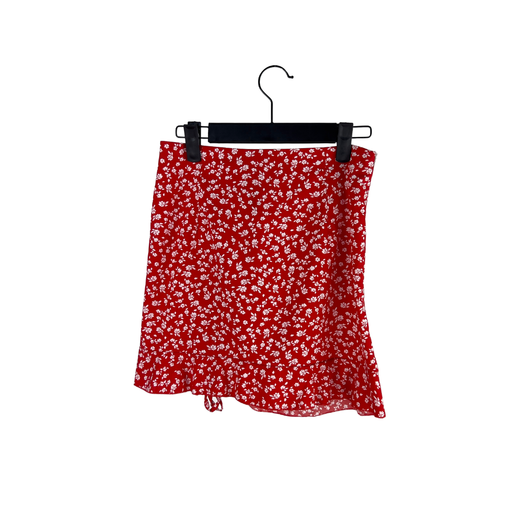 Shein Red and White Floral Gathered Mini Skirt