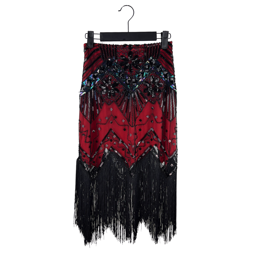 Red and Black Beaded Fringe Flapper Skirt