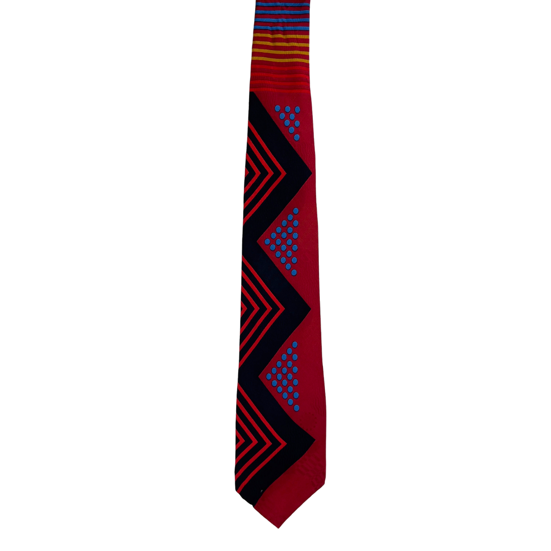 Red Tie with Black Chevron Stripes and Blue Dots