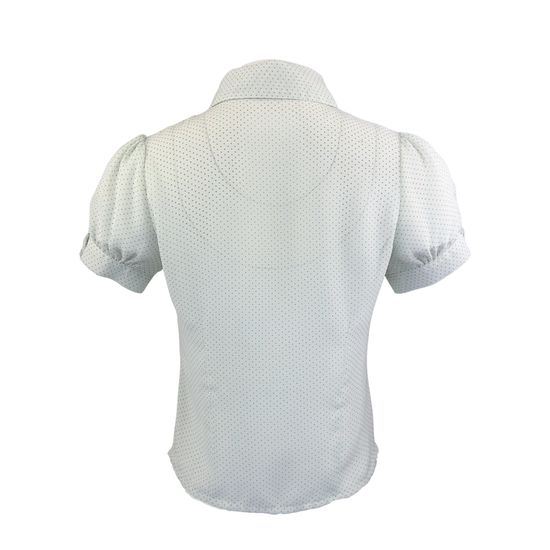 Retro White Short Sleeve Tuxedo Blouse with Blue Polka Dots