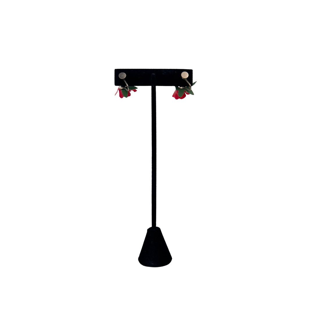 Vintage Red Rose Screw Post Earrings