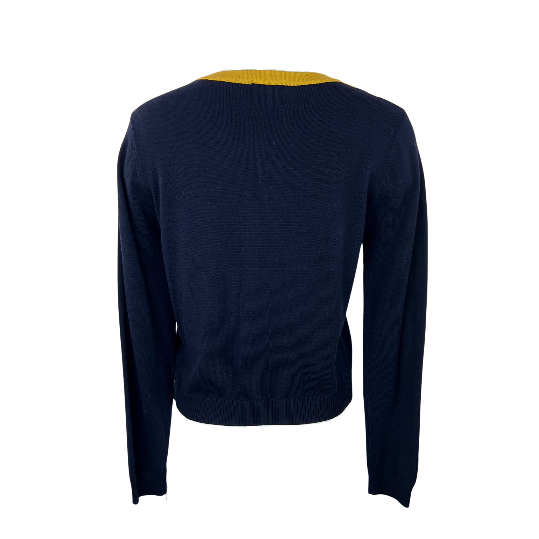 Royal Monk Retro Style Navy Cardigan with Yellow Neckline