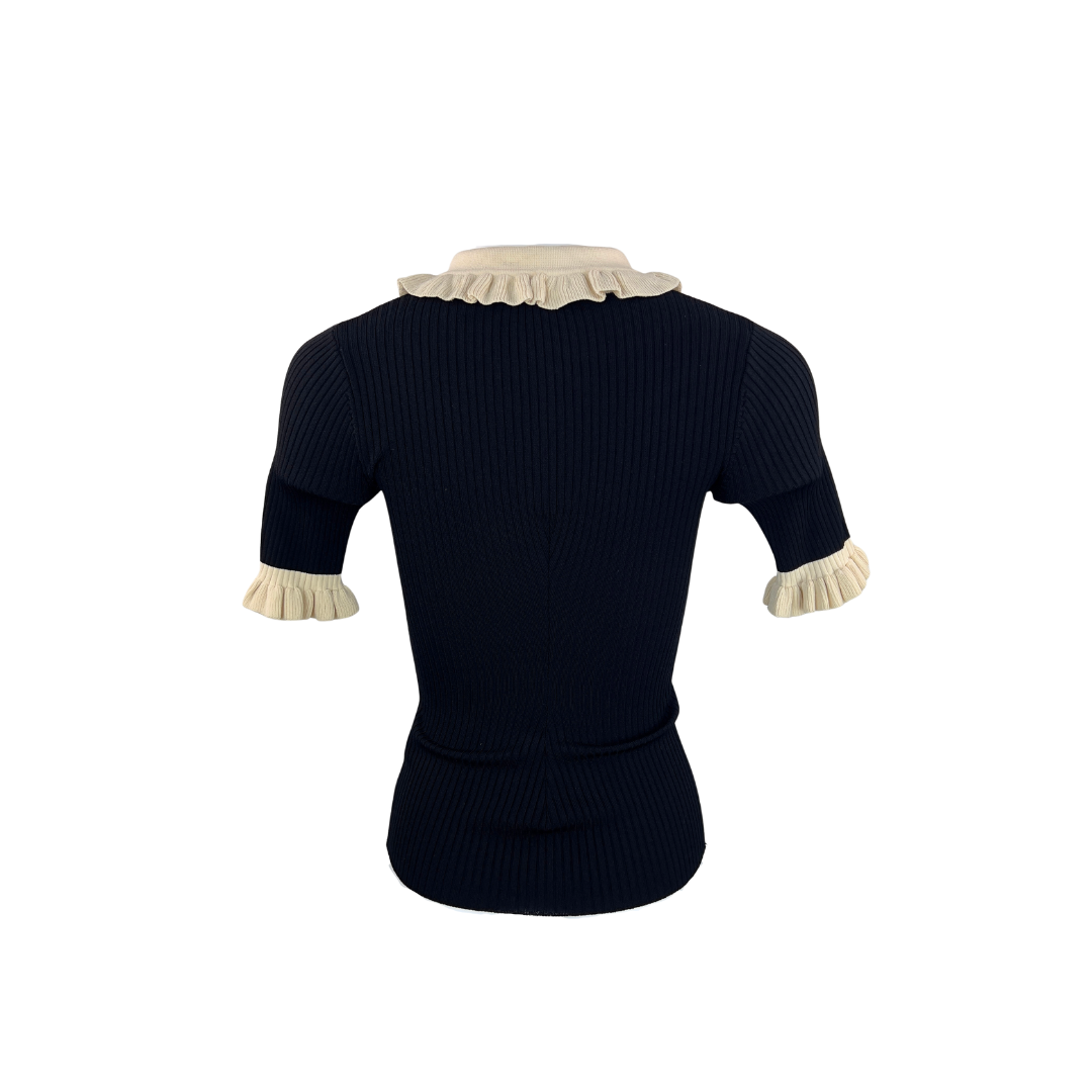Sandro Black Short Sleeved Polo with Cream Collar