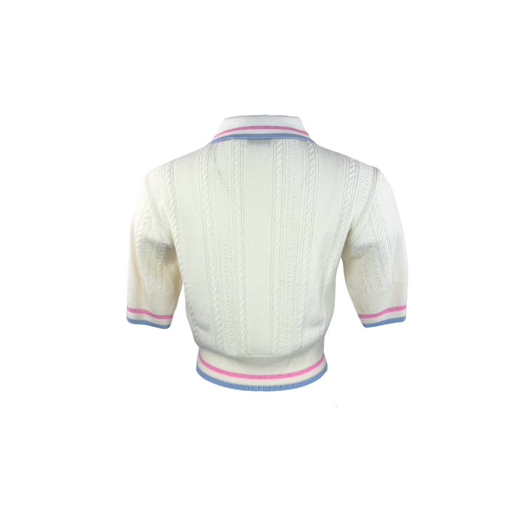White Sandro Crop Short Sleeve Polo with Pink and Blue Tipping