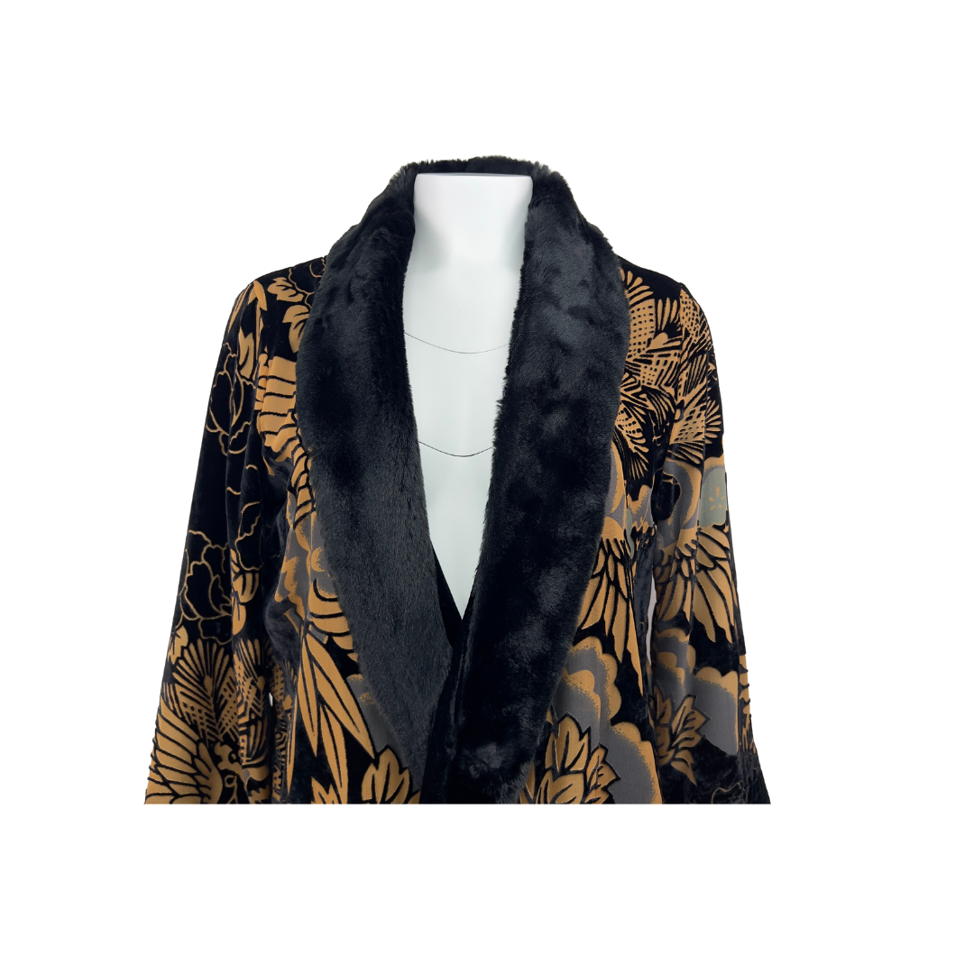 Black and Nude Flocked Robe with Faux Fur Collar