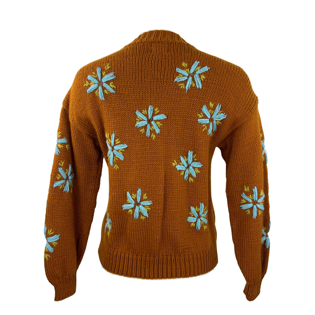 Tach Brown Wool Cardigan with Blue Floral Embroidery