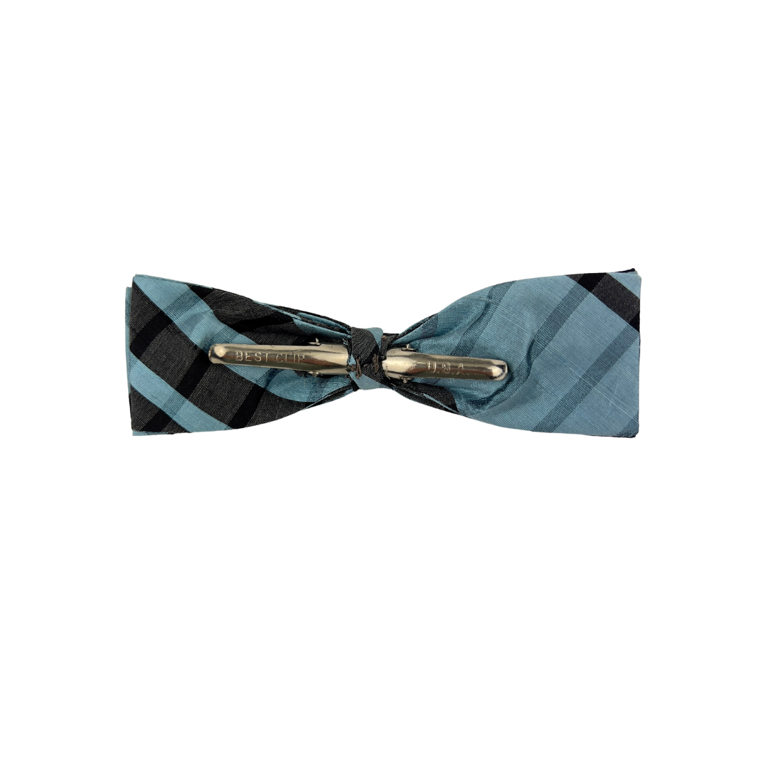 Blue Plaid Vintage Clip On Bow Tie