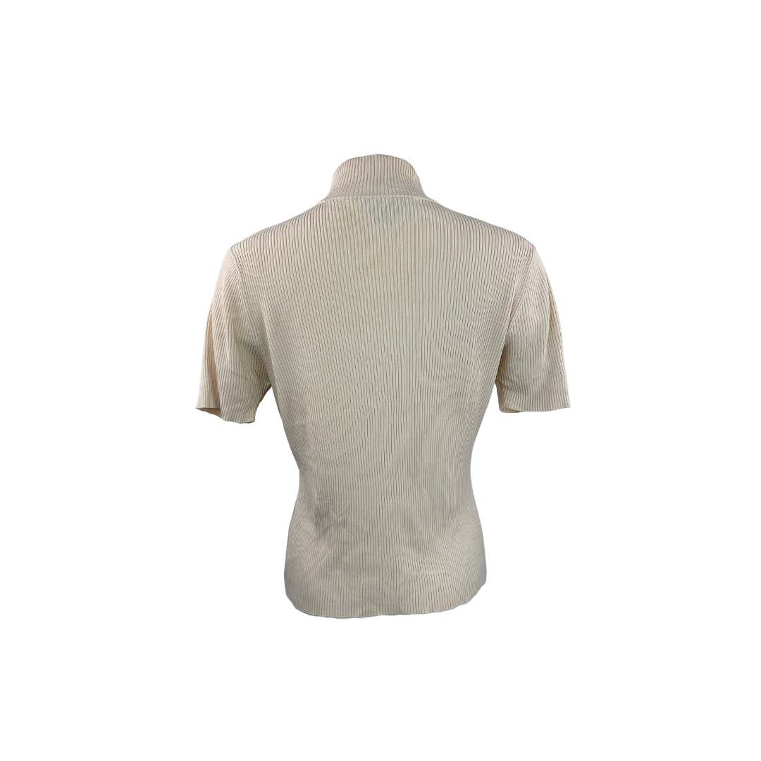 Vintage Cream Silk Ribbed Short Sleeve Mockneck
