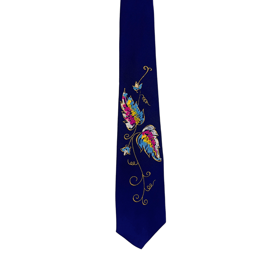 Vintage Navy Tie with Handpainted Leaves
