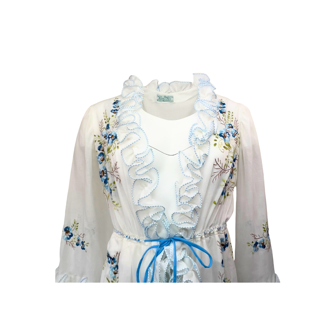 Vintage White Cotton Dressing Gown with Blue Floral Embroidery