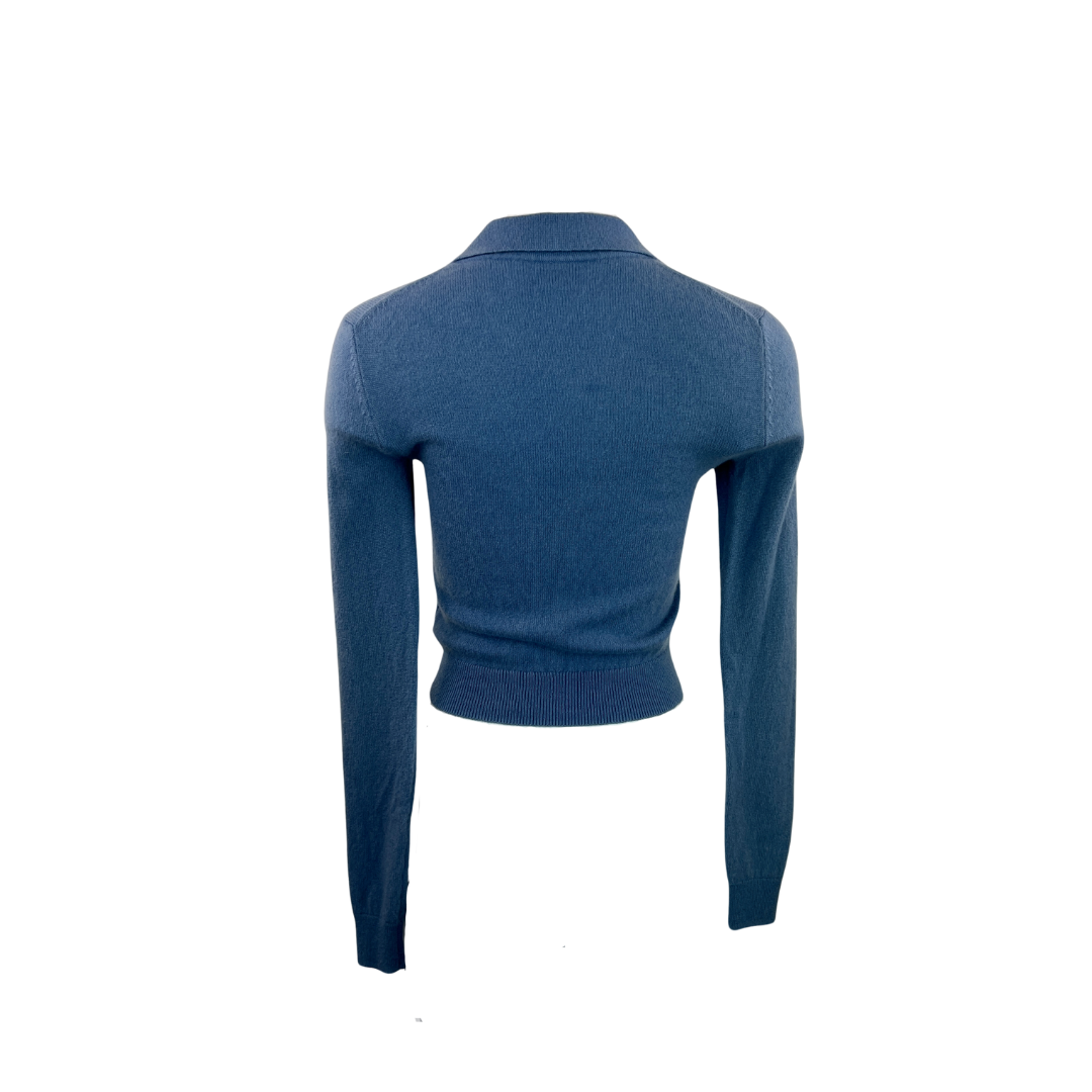 Wilfred Long Sleeve Cashmere Polo with Blue Sequin Floral Applique