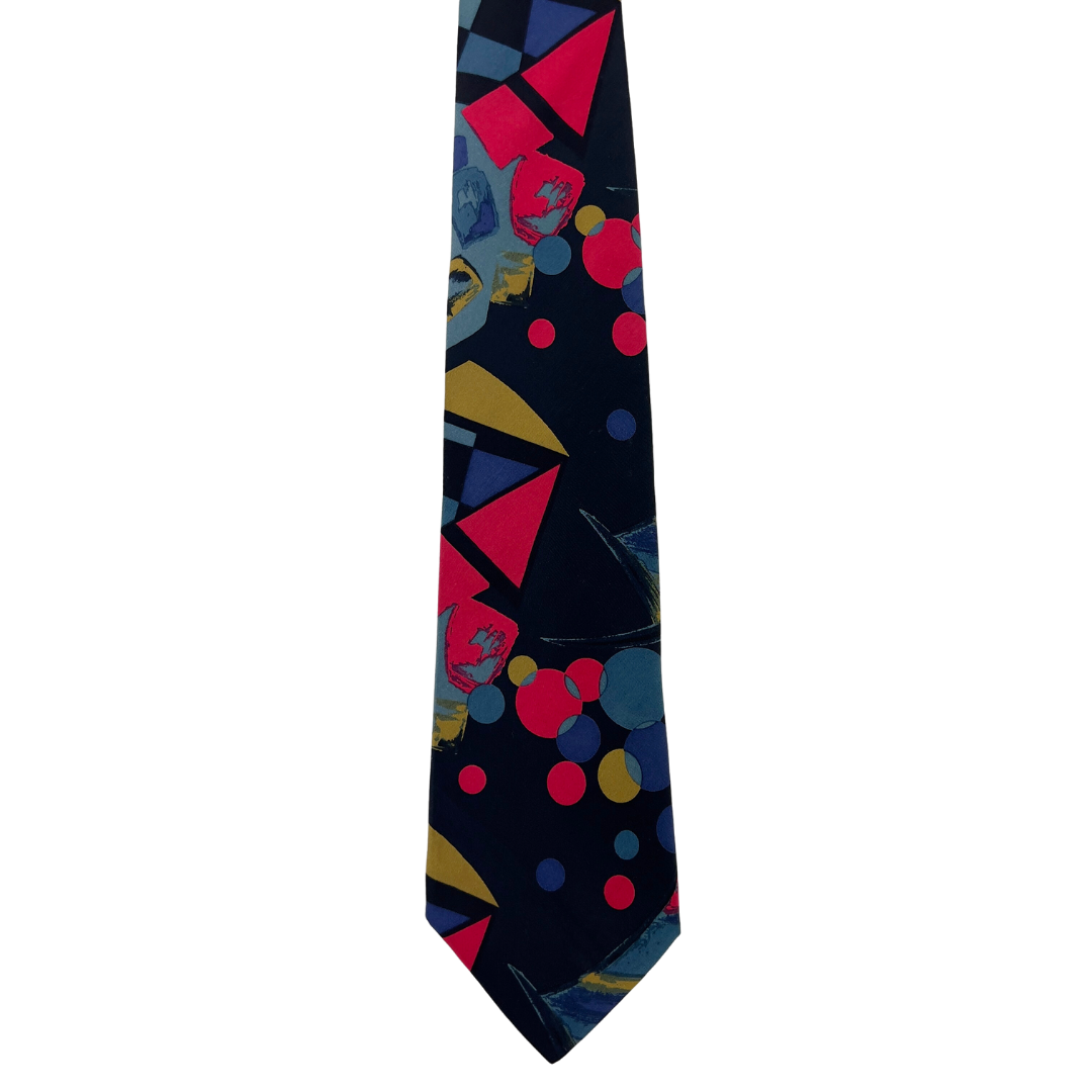 Black Tie with Geometric Shapes in Pink, Gold and Blue