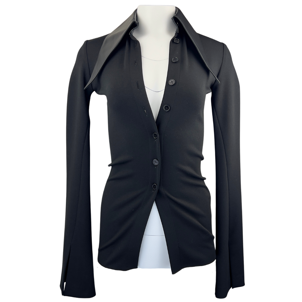 16 Arlington Longline Black Blouse with Leather Collar