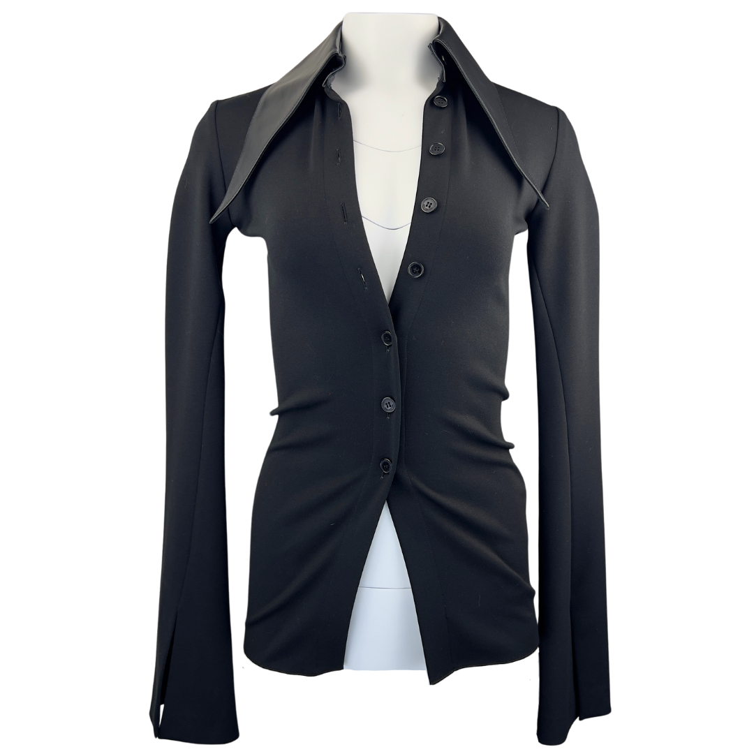 16 Arlington Longline Black Blouse with Leather Collar