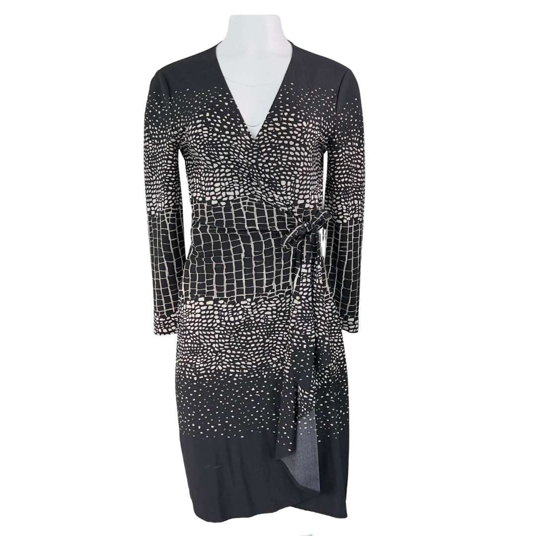 BCBG Black Wrap Dress with Cream Croc Print
