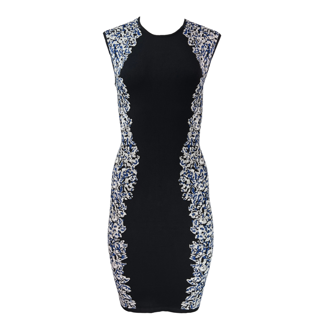 BCBG Black Body Con Dress with Lace Print