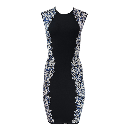 BCBG Black Body Con Dress with Lace Print