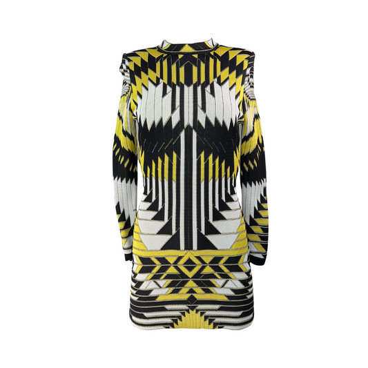 Balmain Long Sleeve Midi Dress in Black, Yellow and White