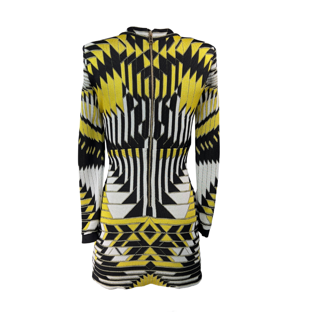 Balmain Long Sleeve Midi Dress in Black, Yellow and White