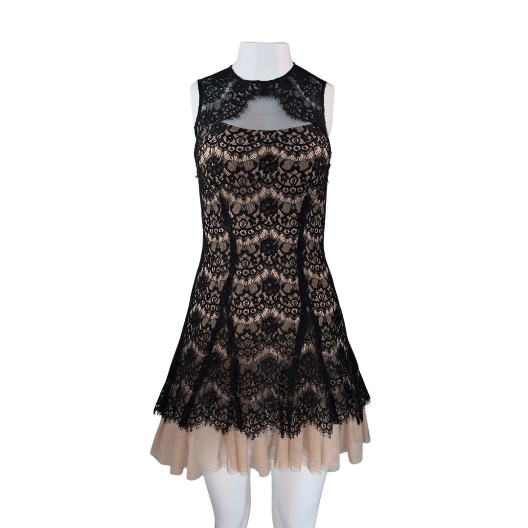 Betsey and Ada Sleeveless Black Lace Nude Dress