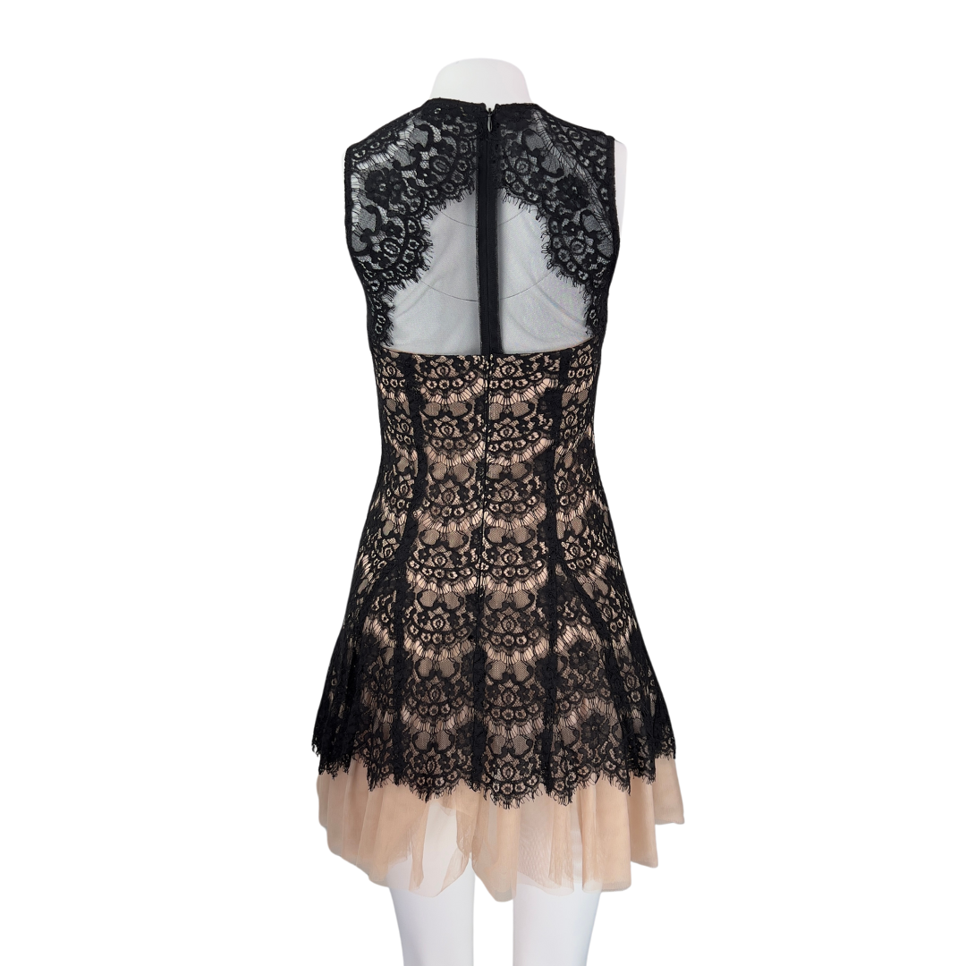 Betsey and Ada Sleeveless Black Lace Nude Dress