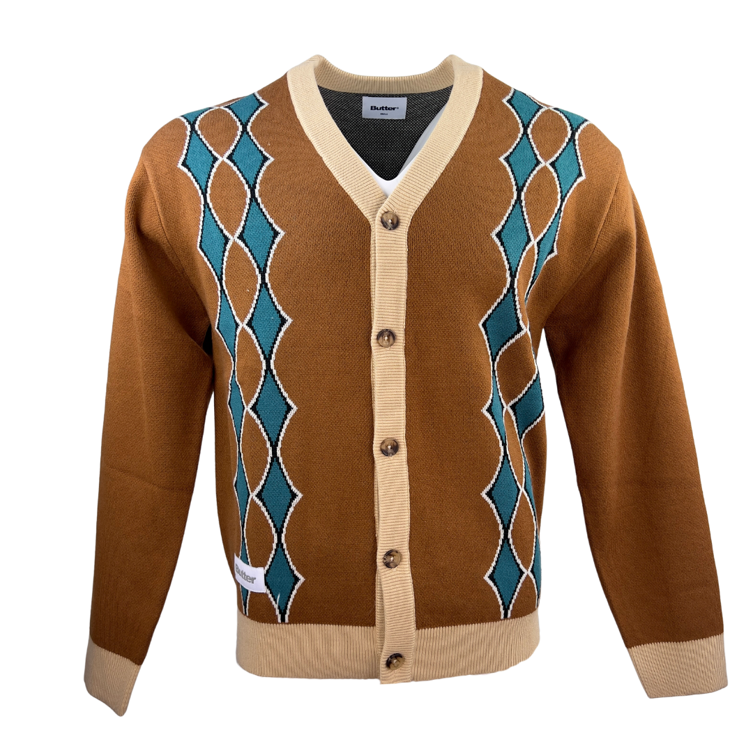 Brown Retro Cardigan with Blue Diamonds and Cream Trim