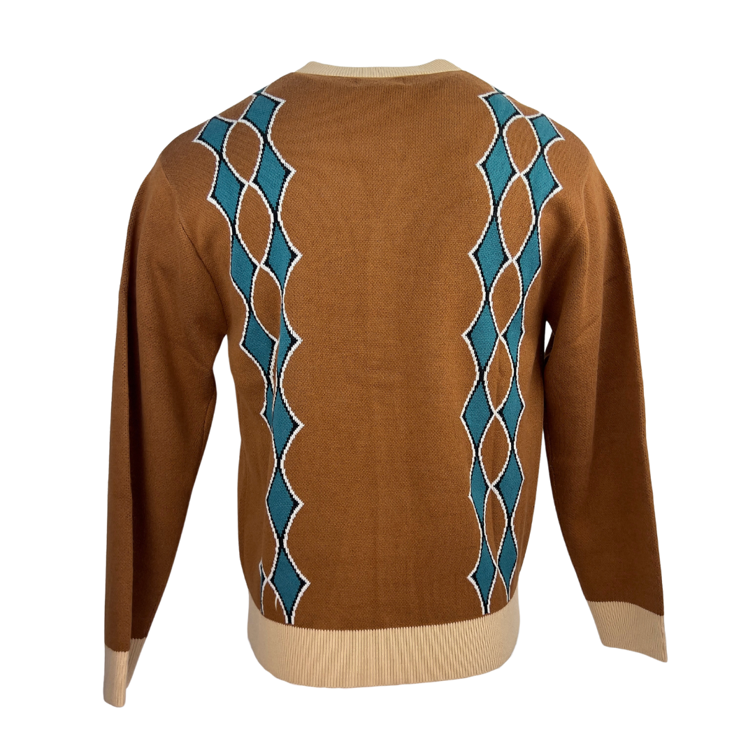 Brown Retro Cardigan with Blue Diamonds and Cream Trim