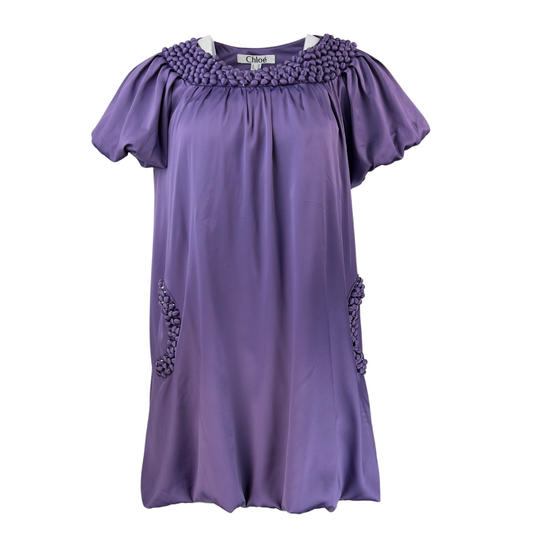 Chloe Purple Satin Dres with Short Sleeves and Balloon Hem