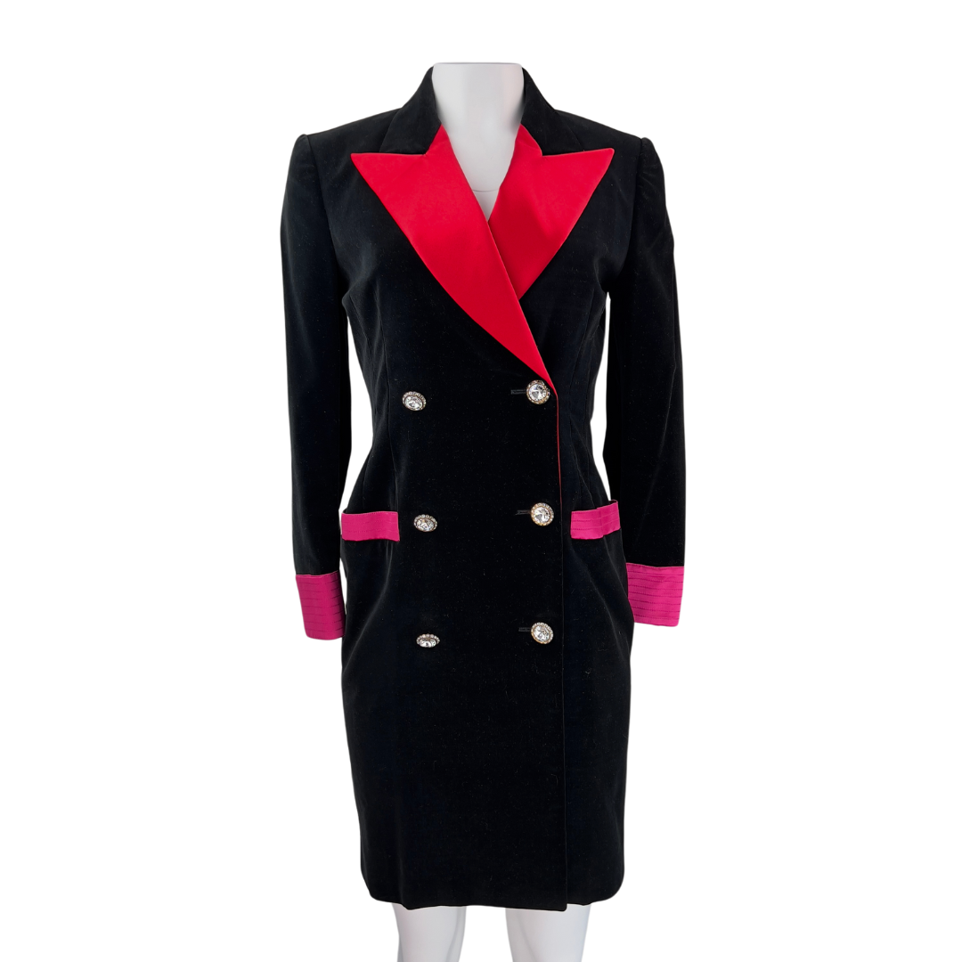 Escada Black Velvet Blazer Dress With Red Lapel