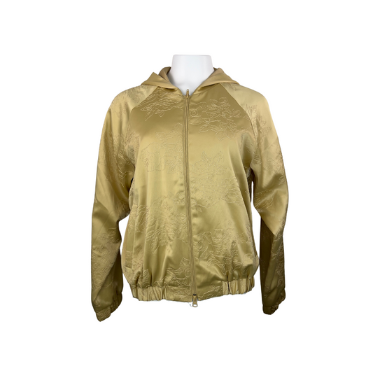 Gold Satin Hooded Bomber with Floral Embroidery