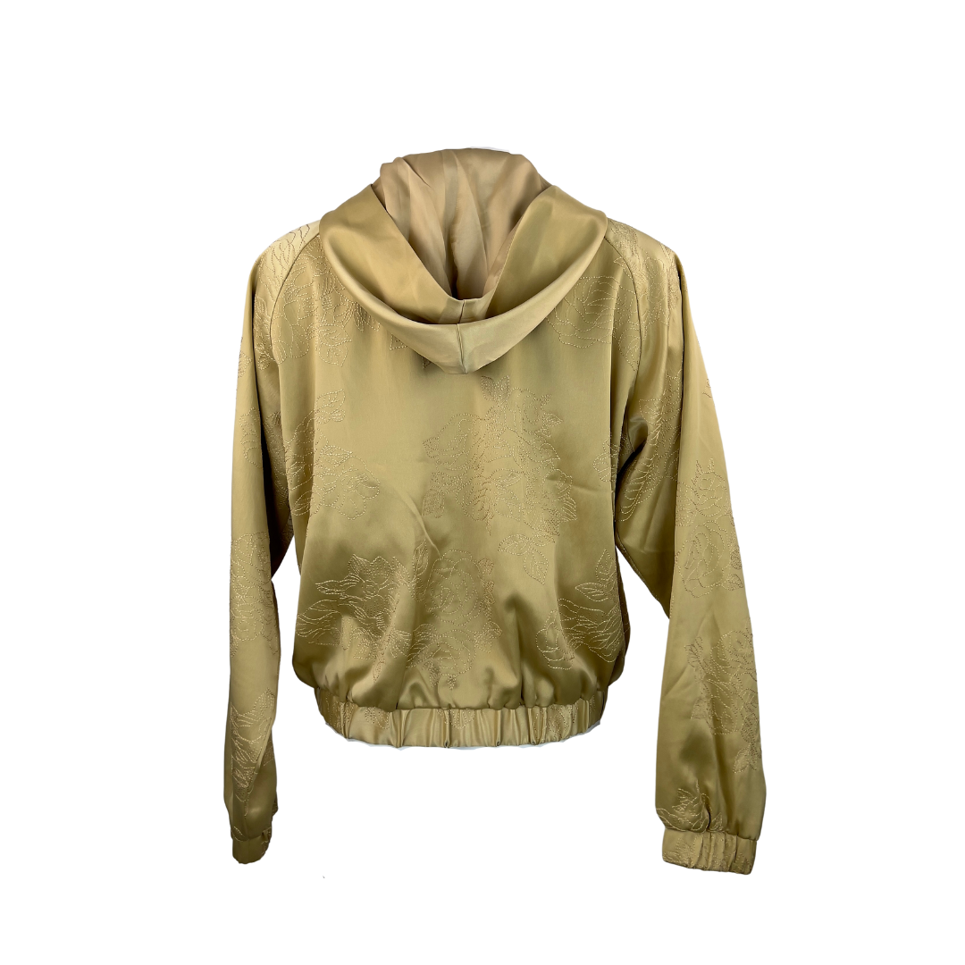 Gold Satin Hooded Bomber with Floral Embroidery