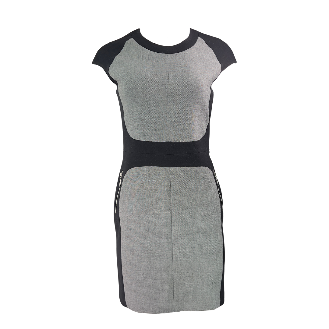 Grey Fitted Dress with Black Panels and Capped Sleeves