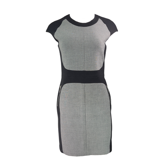 Grey Fitted Dress with Black Panels and Capped Sleeves