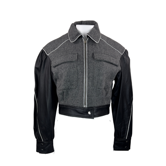 LaMarque Grey Tweed Bomber with Leather Sleeves