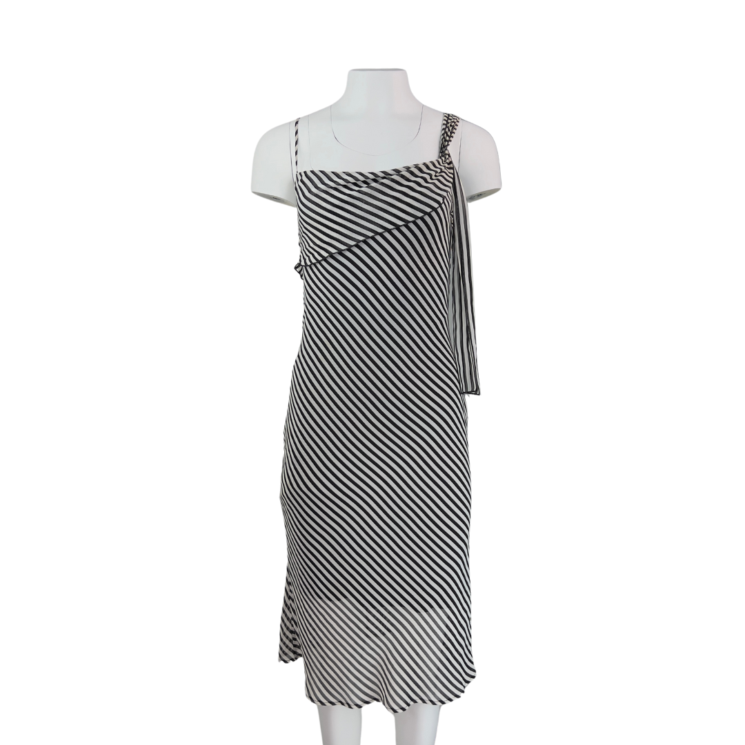 Mantique Black and White Stipe Asymmetrical Slip Dress