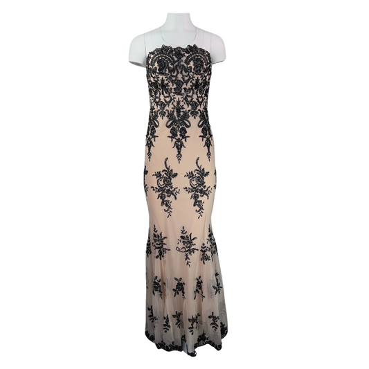 Nude Strapless Gown with Black Lace Overlay