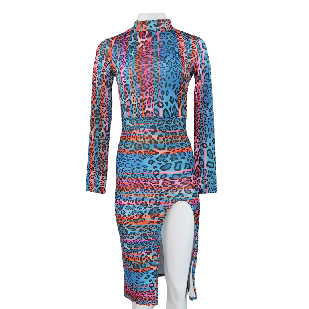 Multi Color Leopard Print Dress with High Slit