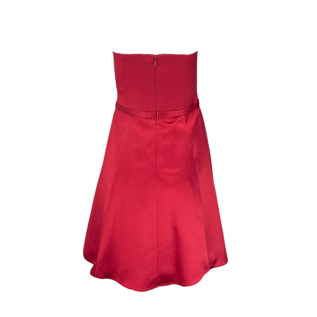 Red Satin Strapless Dress with Crystal Buckle