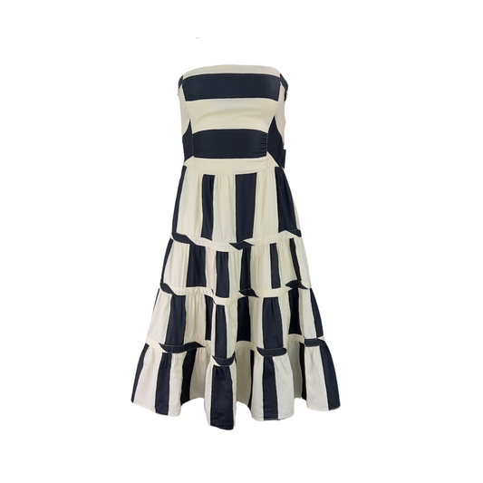Zara Cotton Strapless Dress in Beige and Black Stripes