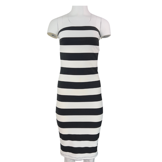 Bebe Black and White Stripe Strapless Dress