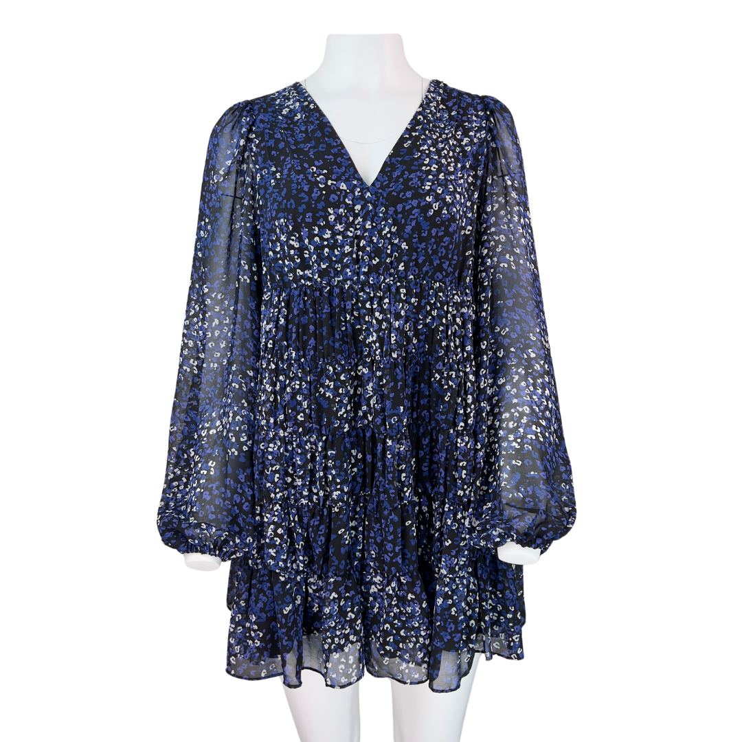 Ted Baker Blue Floral Long Sleeve V Neck Dress