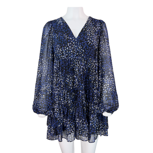 Ted Baker Blue Floral Long Sleeve V Neck Dress