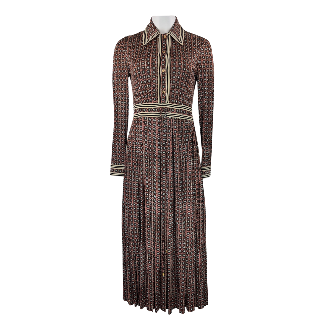 Tory Burch Long Sleeve Collared Dress with Pleated Skirt