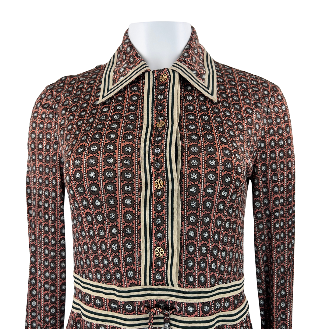 Tory Burch Long Sleeve Collared Dress with Pleated Skirt